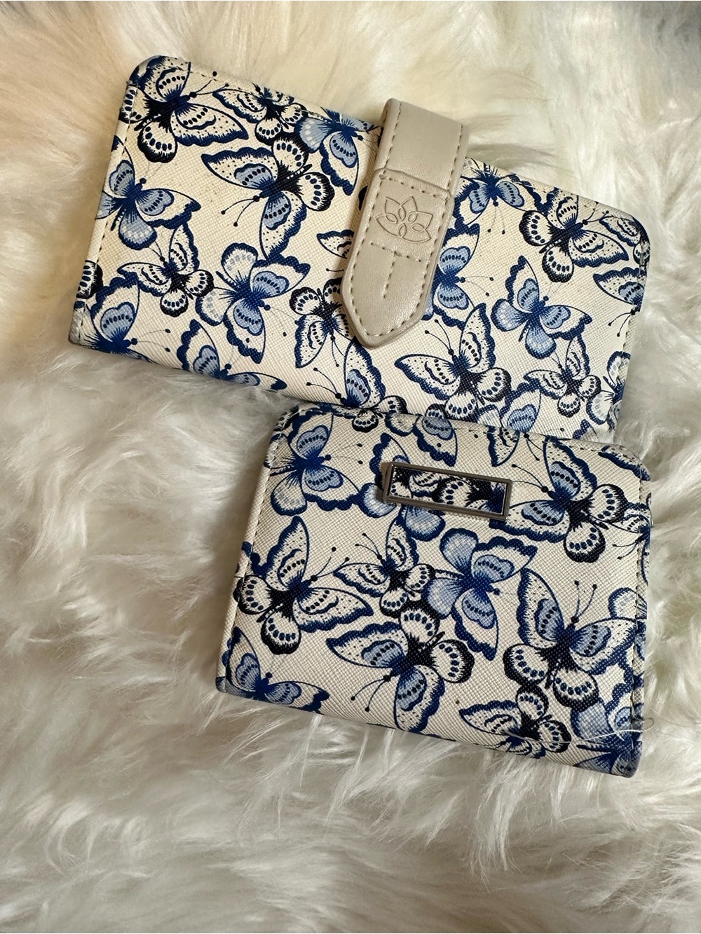 Cream 2 piece Blue Butterfly Print Wallet Set - Picture 1 of 10